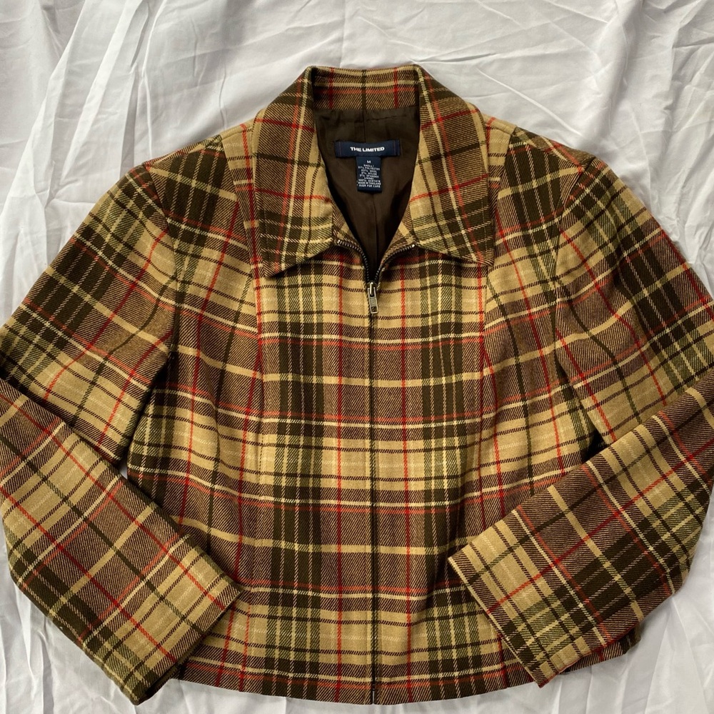 Express Women’s Crop Jacket Plaid Zip Jacket YKK Zips Quiet Luxury Wool Blend M